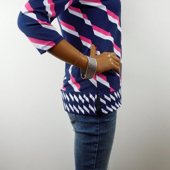 CHICO'S Top S Sz 0 Navy/Pink Stretch Blouse Lightweight 3/4 Sleeve Shirt - Picture 5 of 9